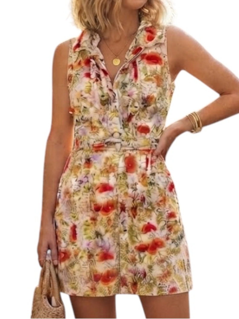 Resortwear Y2K Yellow Orange Floral Halter Ruffle Mini Dress Summer Sundress S